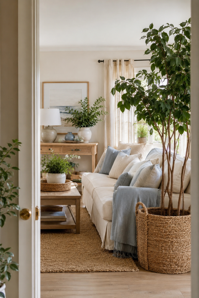 Fresh coastal living room with leafy green plants in woven baskets, cream seating, natural wood, linen curtains, and soft neutral decor.