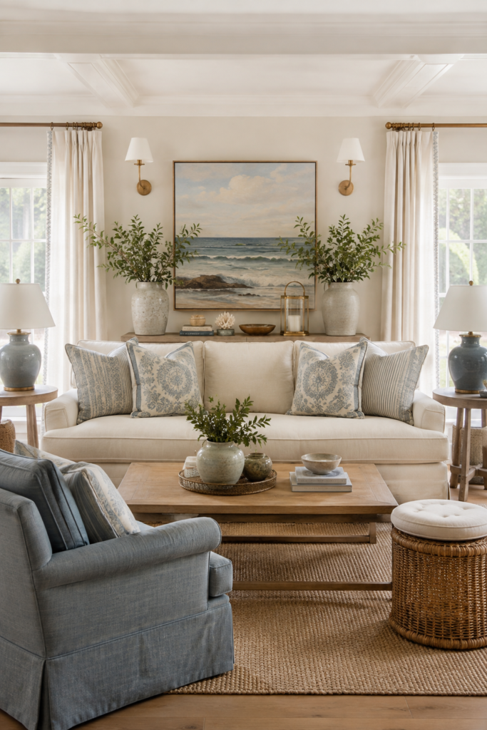 Refined coastal living room combining cream upholstery with weathered blue chairs, pillows, natural oak furniture, and woven textures.