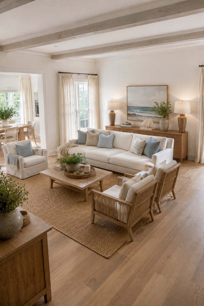 Sophisticated coastal living room using warm neutrals, natural wood, woven textures, subtle ocean artwork, and understated beach-inspired decor.
