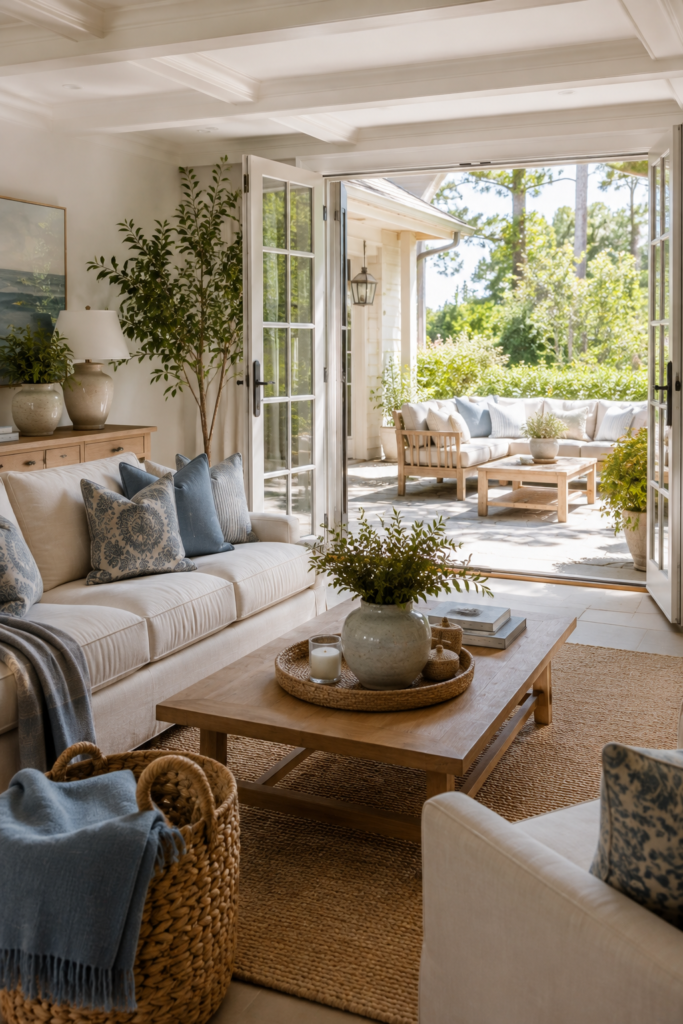 Coastal living room opening through large glass doors to a relaxed outdoor seating area with natural wood, linen, and greenery.
