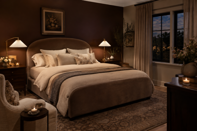 Romantic moody bedroom with a deep brown wall, curved taupe upholstered bed, layered cream bedding, dark wood furniture, warm bedside lighting, and soft curtains.