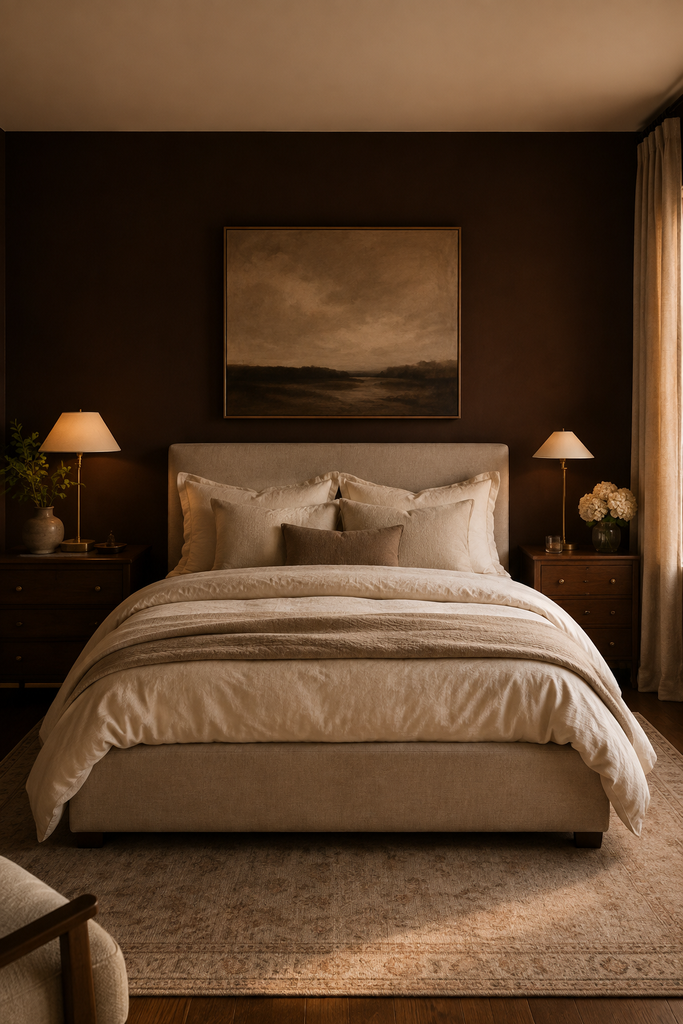 Moody bedroom with a deep chocolate-brown accent wall, ivory bedding, walnut nightstands, brass lamps, and neutral curtains.