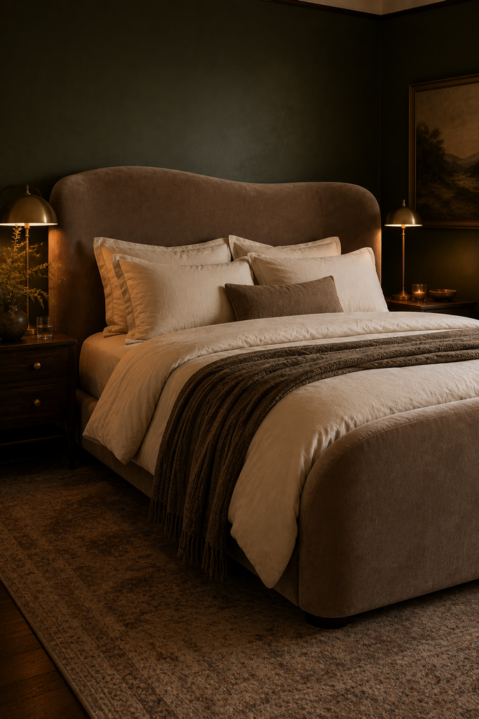 Curved taupe velvet upholstered bed with layered neutral bedding and warm brass lighting against a deep moody bedroom wall.