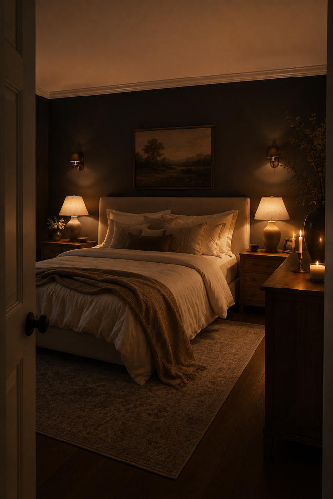 Romantic moody bedroom illuminated by warm bedside lamps, wall sconces, candlelight, and soft ambient lighting.