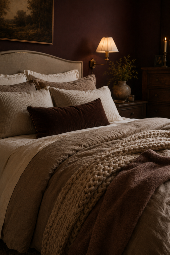 Layered romantic bed with cream linen sheets, taupe bedding, velvet pillows, knitted throw, and warm textured blankets.