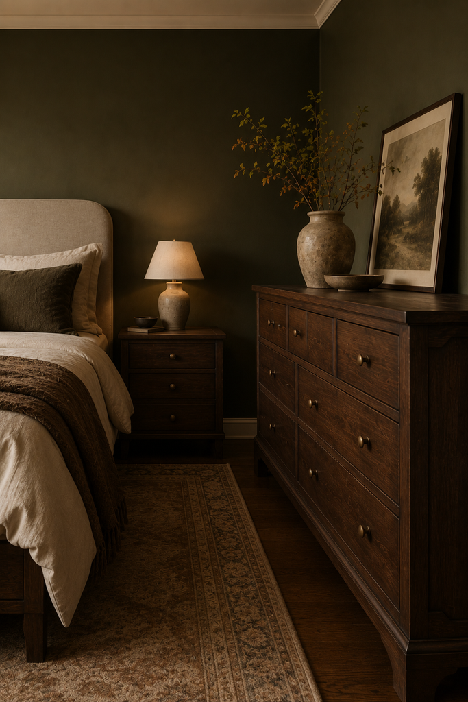 Moody bedroom with dark walnut furniture, deep olive walls, cream upholstered bed, brass hardware, and warm natural textures.
