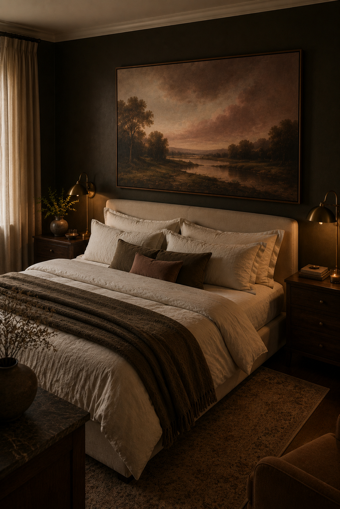 Romantic moody bedroom with oversized atmospheric landscape artwork above an ivory upholstered bed and warm walnut furniture.