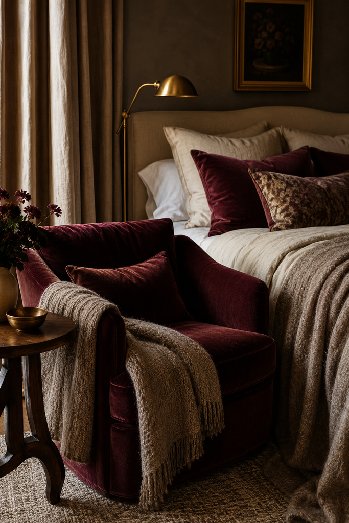Moody bedroom featuring a burgundy velvet chair, linen bedding, velvet pillows, wool throw, and soft layered curtains.