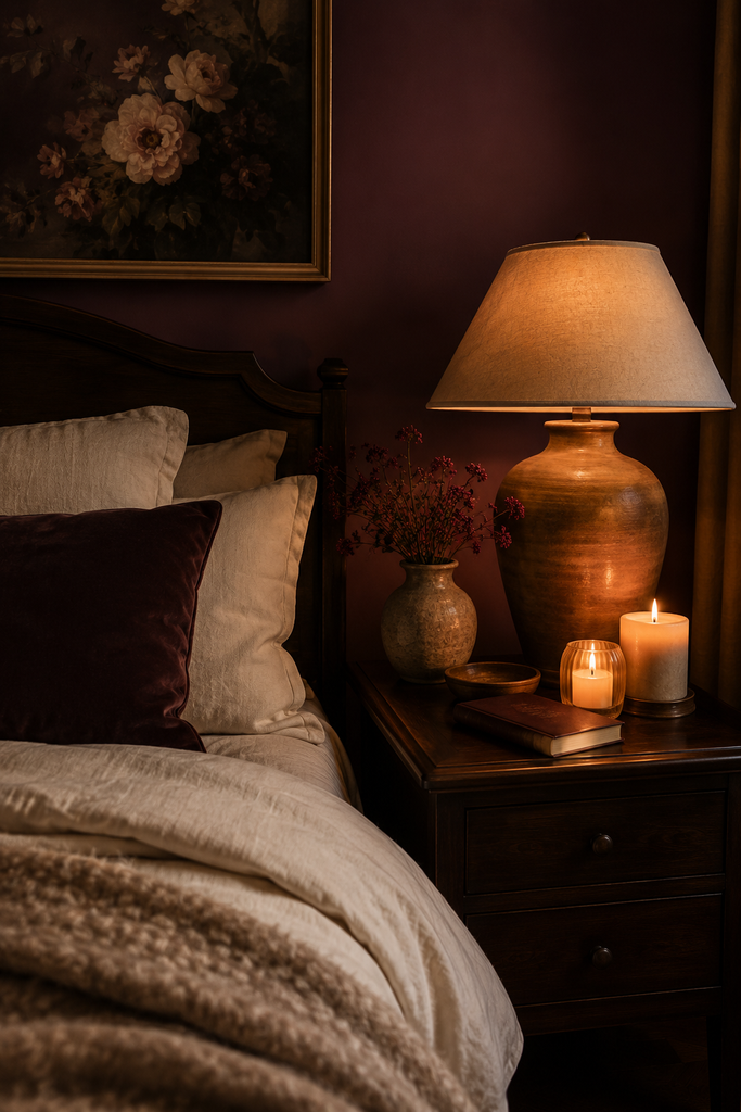 Moody bedroom nightstand styled with candles, ceramic decor, a warm lamp, book, and soft cream bedding.