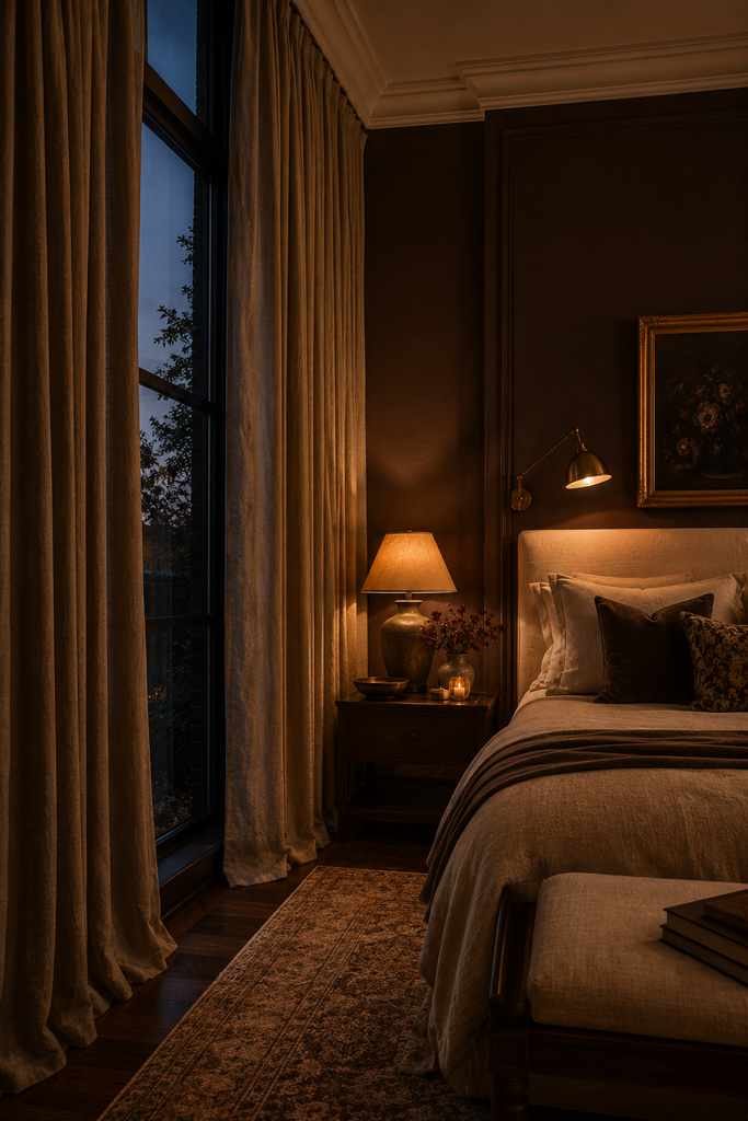 Romantic moody bedroom with floor-length taupe linen curtains, cream upholstered bed, walnut furniture, and warm evening lighting.