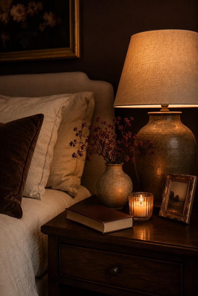 Thoughtfully styled walnut bedside table with a warm lamp, ceramic vase, book, framed photo, and candle beside a moody bedroom.