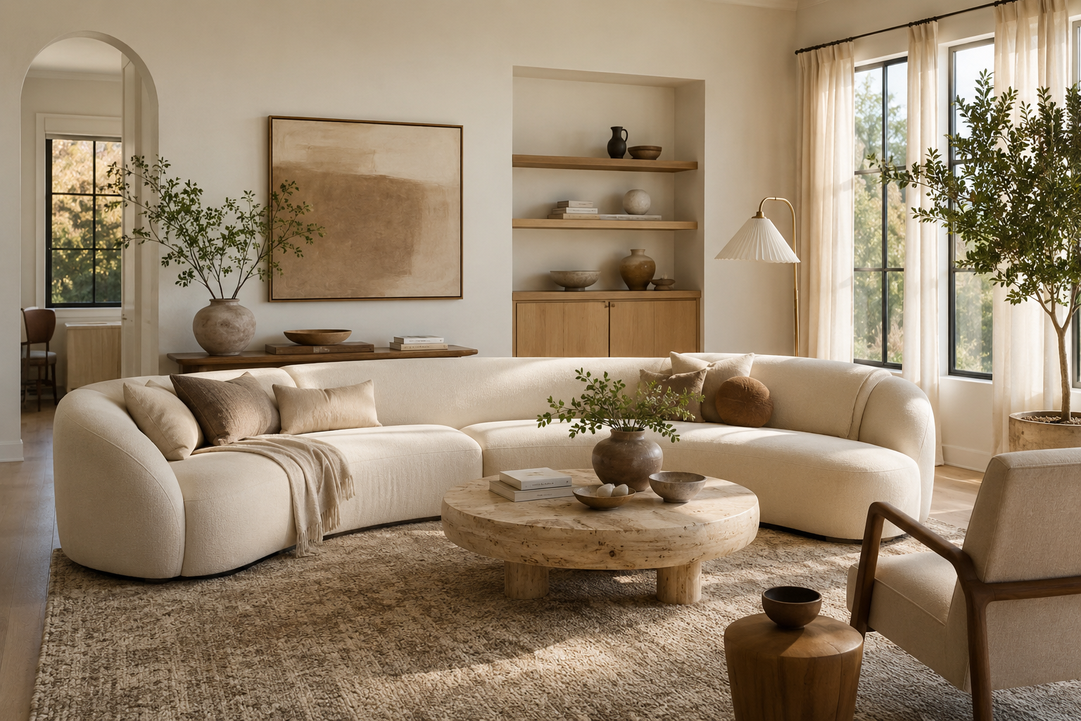 Elegant American living room with a large cream curved sofa, round coffee table, neutral rug, natural wood accents, and warm modern decor.