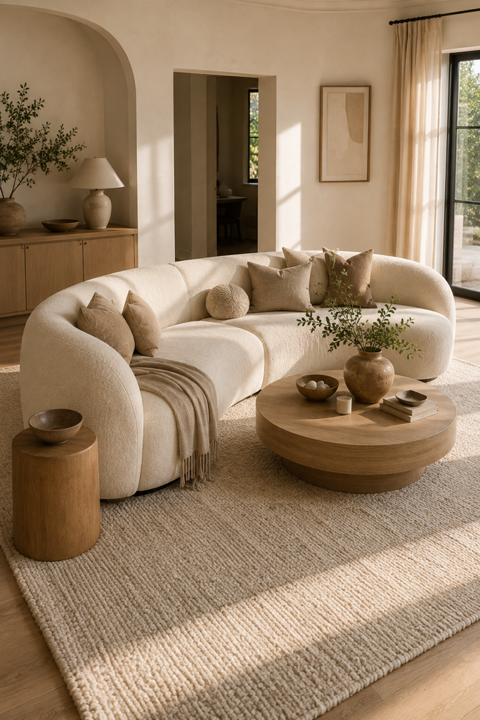 Cream curved sofa styled around a round oak coffee table in an elegant neutral living room.