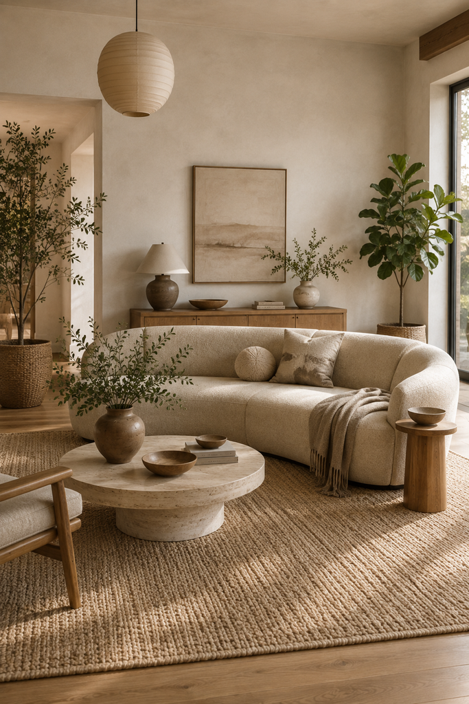 Organic modern living room with an oatmeal curved sofa, natural wood furniture, plants, woven textures, and neutral decor.