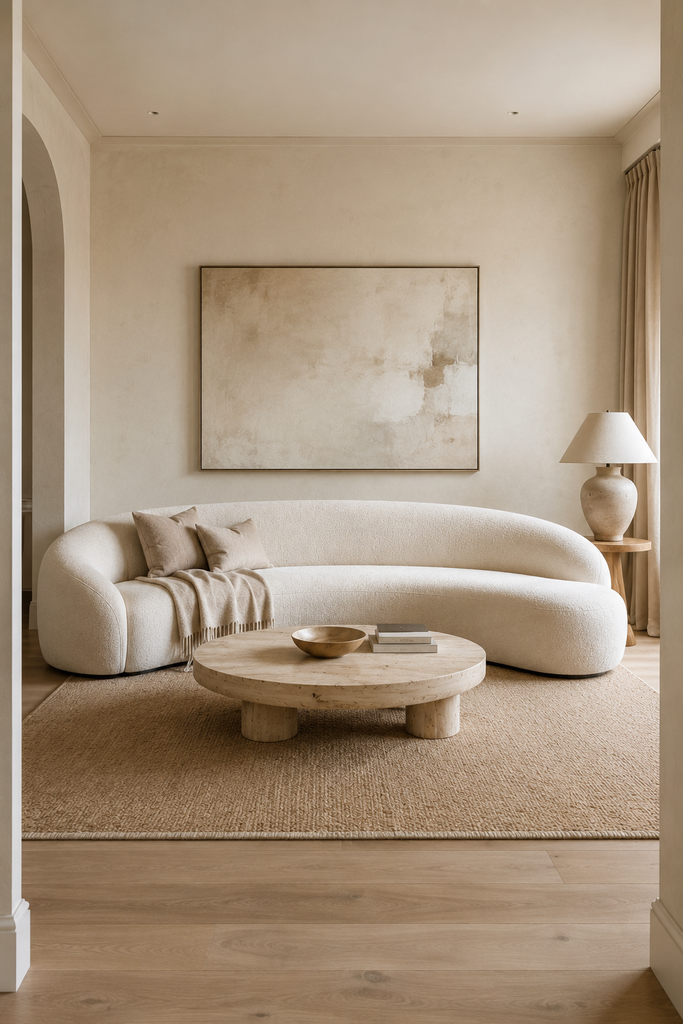 Sculptural ivory curved sofa serving as the focal point of a minimalist elegant living room beneath oversized artwork.