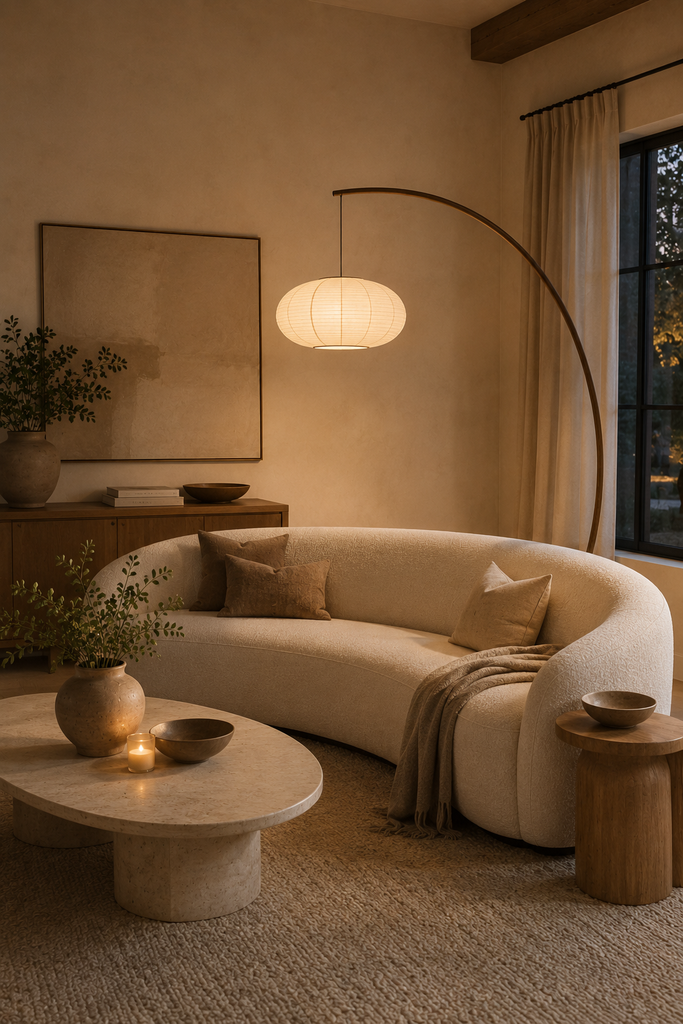 Cream curved sofa paired with a sculptural arched floor lamp in a warm elegant living room.