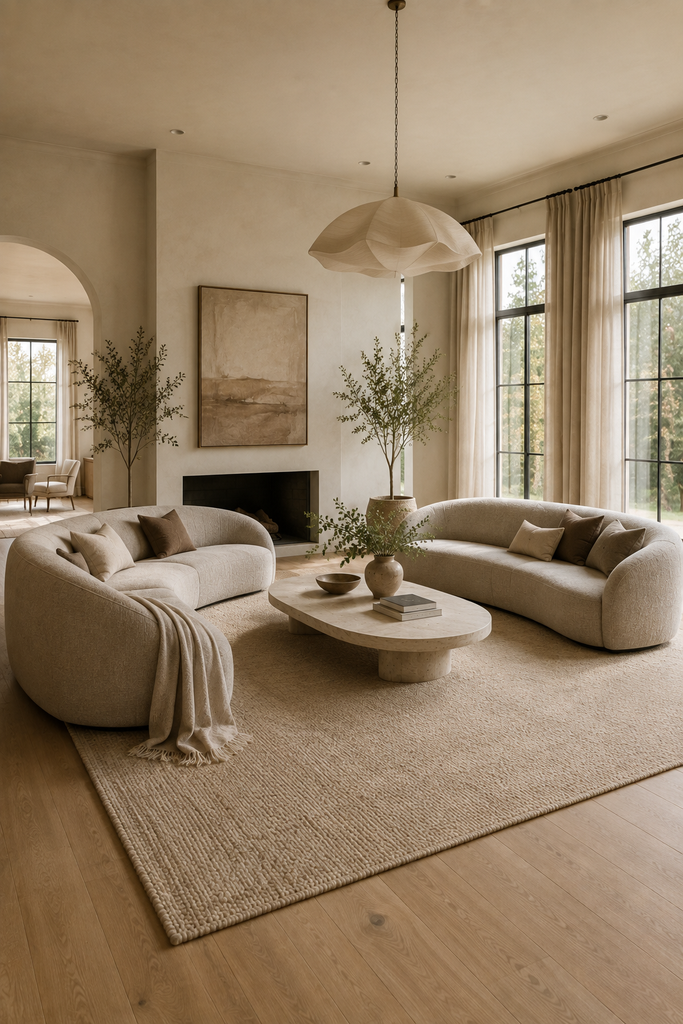Two curved sofas facing each other around an oval coffee table in a spacious sophisticated living room.