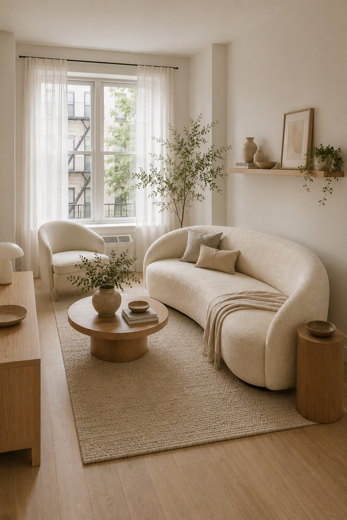 Small apartment living room with a compact cream curved sofa, round coffee table, light wood accents, and airy neutral decor.