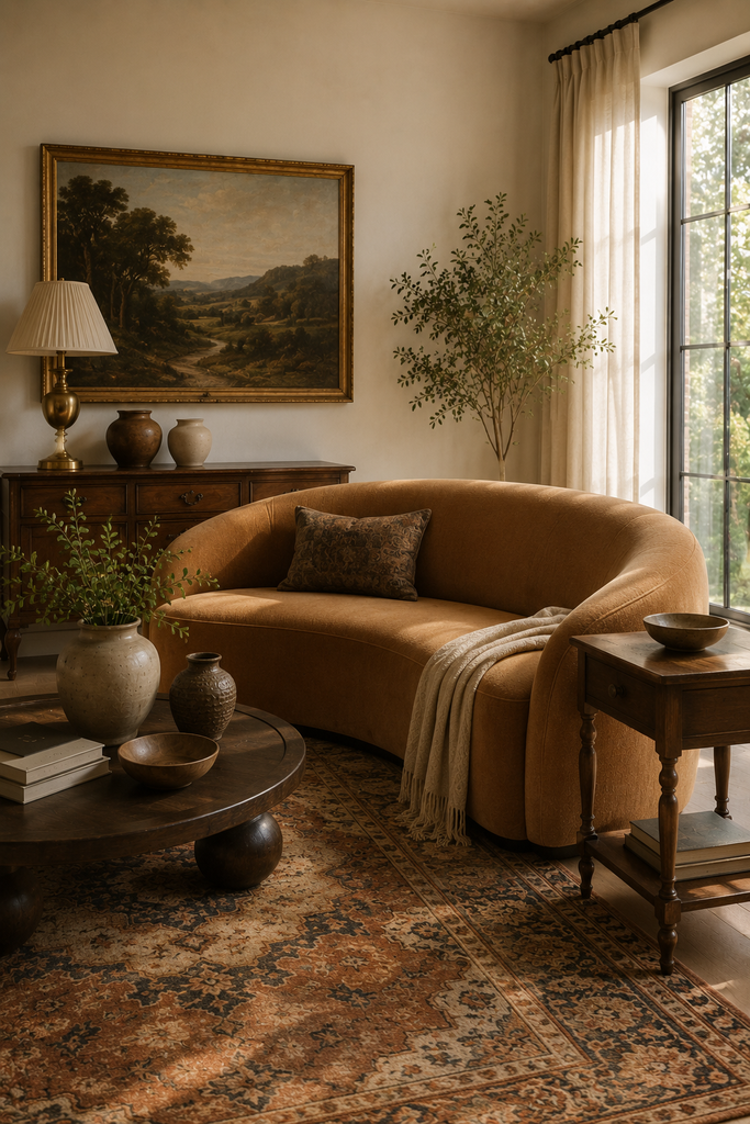 Camel curved sofa combined with vintage wood furniture, traditional artwork, antique brass lighting, and a patterned rug.