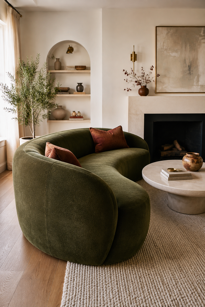 Deep olive green curved sofa creating a bold focal point in a sophisticated neutral living room.