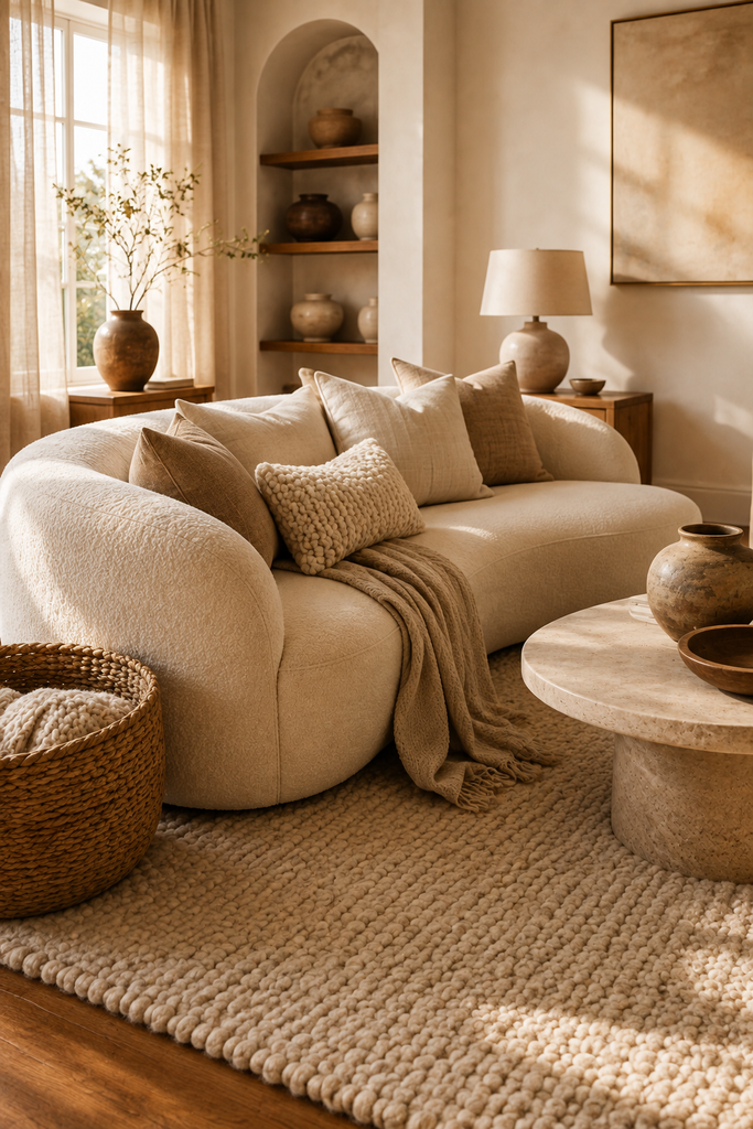 Plush ivory curved sofa layered with textured pillows, a soft throw, wool rug, and natural decor.