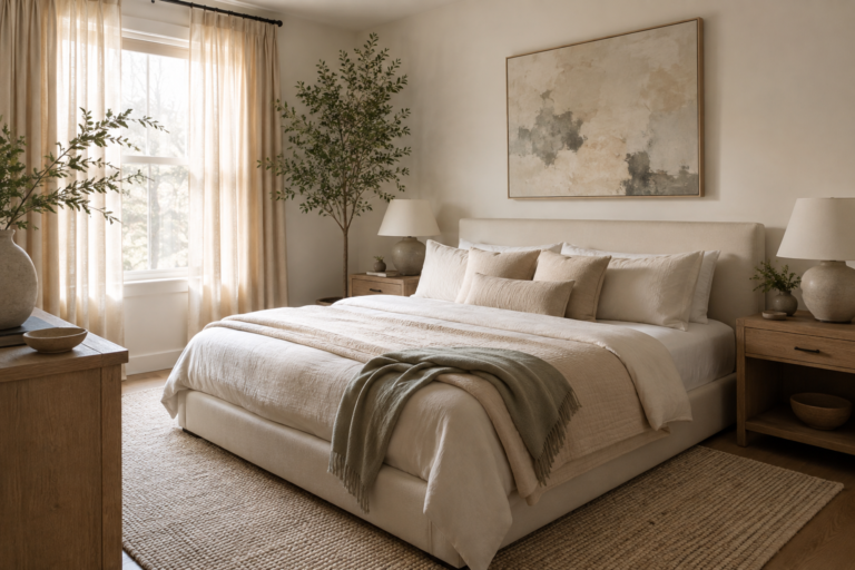 Aesthetic bedroom with layered neutral bedding, natural wood furniture, abstract artwork, soft curtains, greenery, and warm natural light.