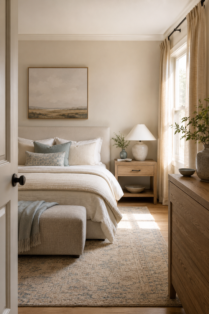 Soft neutral aesthetic bedroom with cream bedding, beige curtains, light wood furniture, and subtle sage and blue accents.