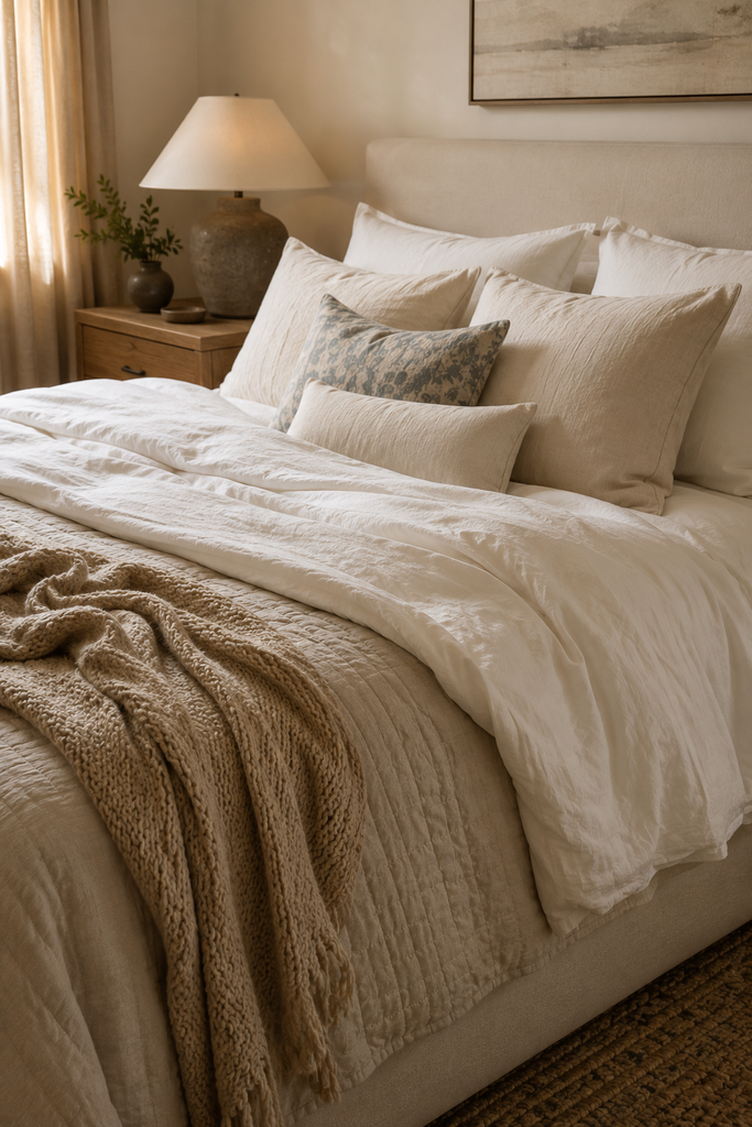 Cozy aesthetic bed layered with linen bedding, textured pillows, a quilt, and a chunky neutral throw.