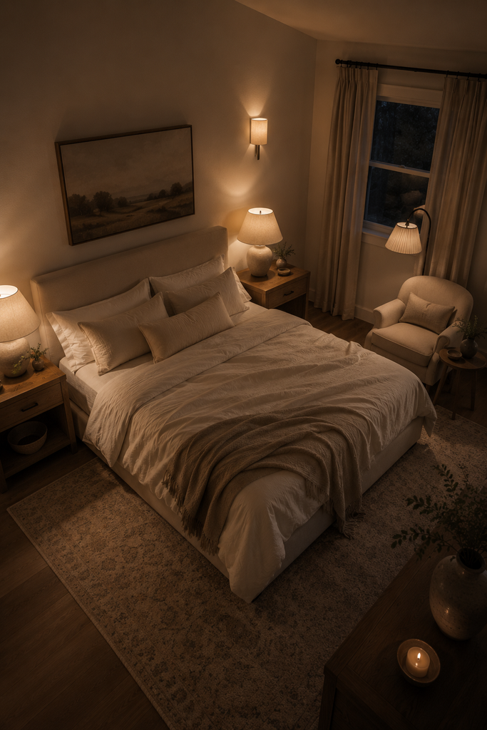 Aesthetic bedroom glowing with warm bedside lamps, wall lighting, and a floor lamp for cozy evening ambiance.