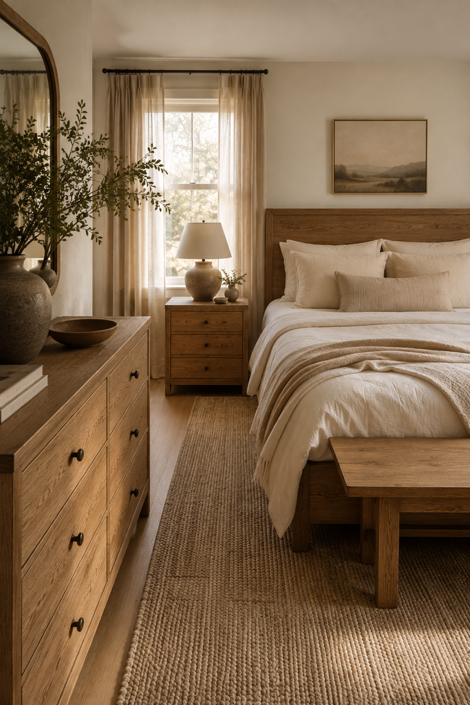 Aesthetic bedroom featuring warm natural oak furniture, cream bedding, linen curtains, and neutral textured decor.