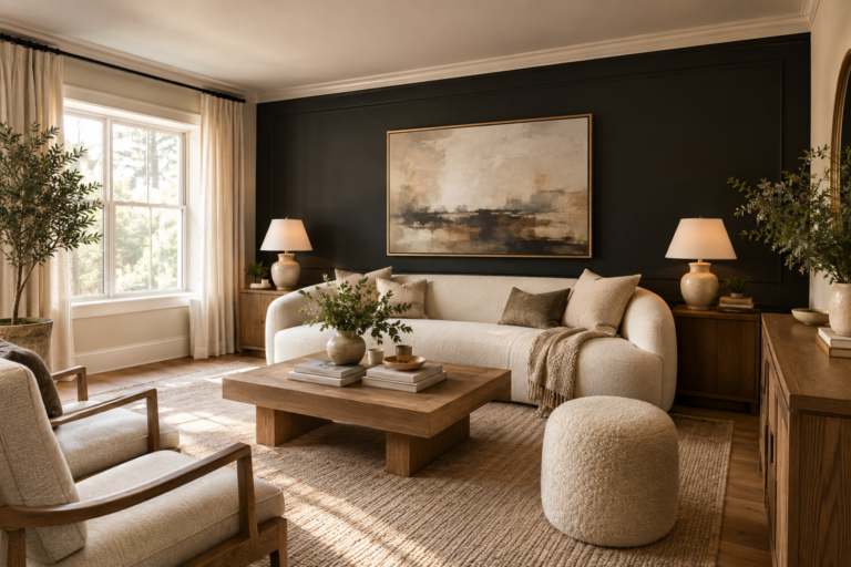 Sophisticated living room with a matte black accent wall, cream sofa, natural wood furniture, neutral rug, artwork, and warm decor.