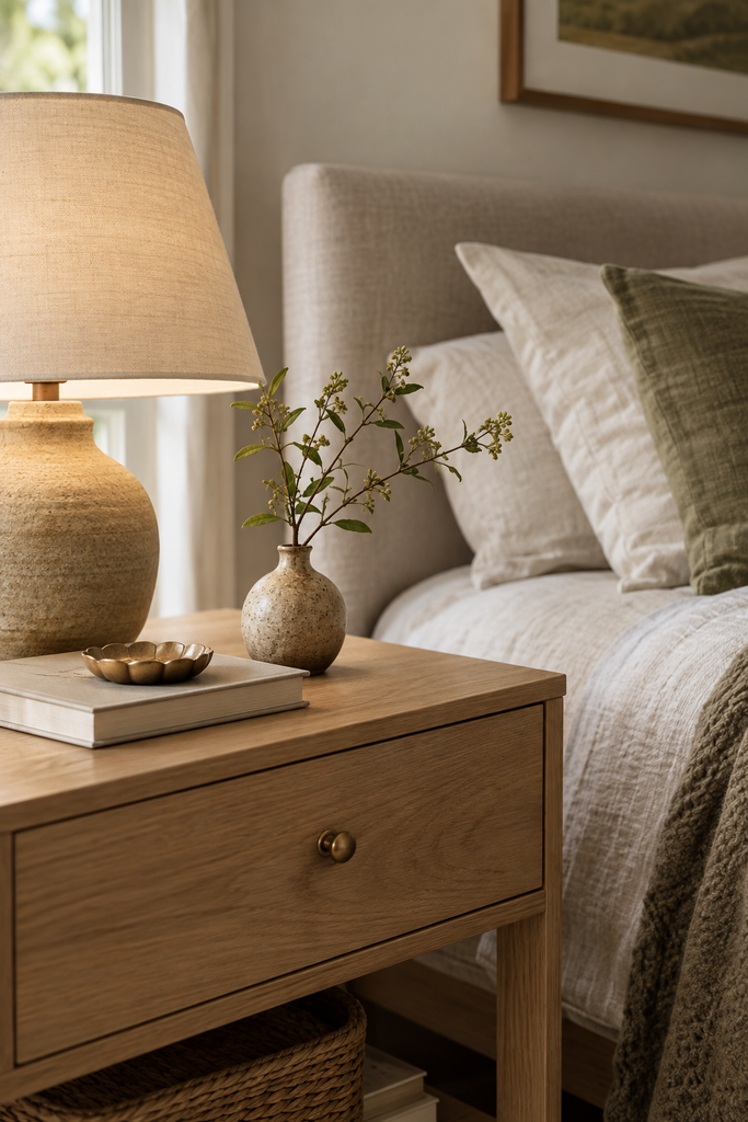 Simple aesthetic bedside table styled with a ceramic lamp, small vase, book, and minimal decorative accents.