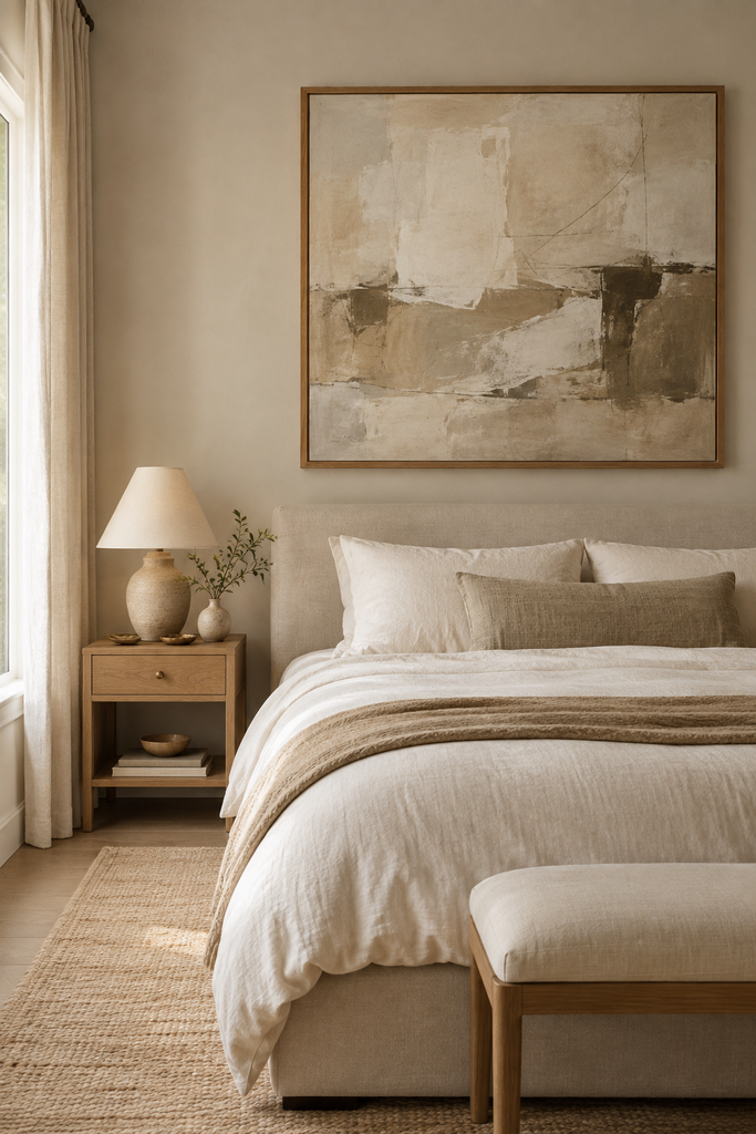 Aesthetic bedroom with oversized neutral abstract artwork above an upholstered bed and minimal natural decor.