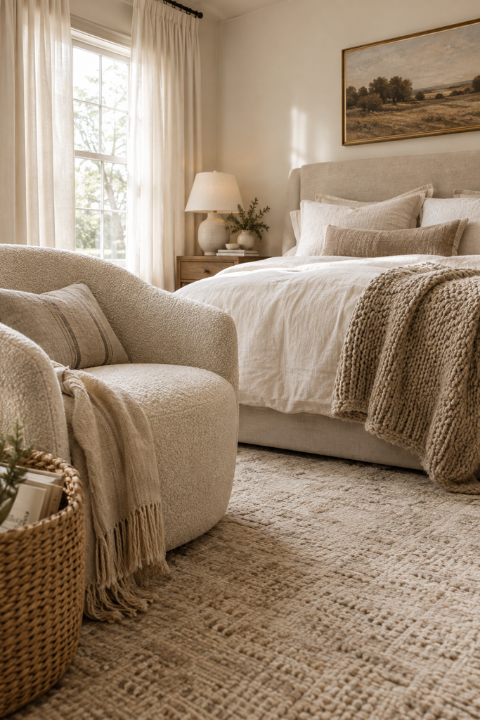 Cozy aesthetic bedroom layered with boucle, linen, knitted textiles, plush rugs, woven baskets, and soft neutral fabrics.
