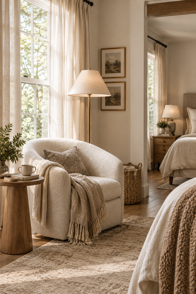 Cozy bedroom reading corner with an upholstered chair, floor lamp, wooden side table, book, and soft throw.