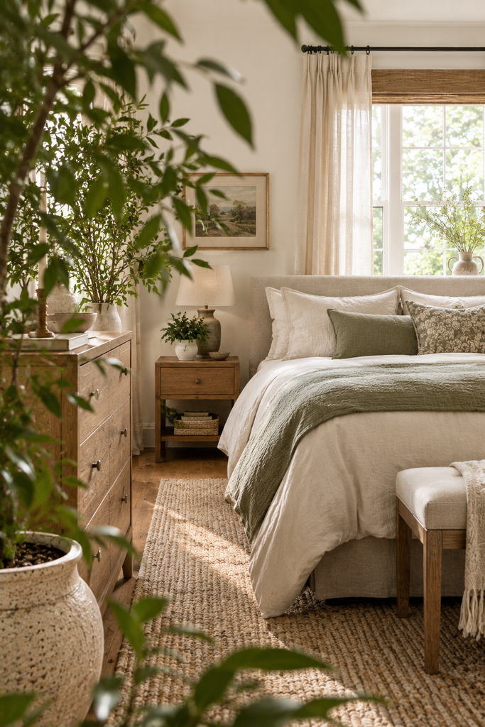 Fresh aesthetic bedroom decorated with tall leafy plants, ceramic planters, sage bedding, and natural textures.