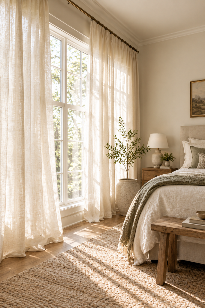 Aesthetic bedroom with floor-length ivory linen curtains filtering soft natural light around a large window.