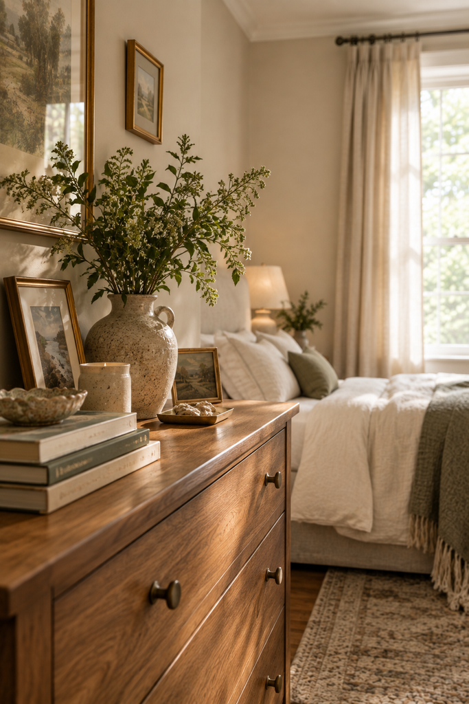 Personal aesthetic bedroom with a wooden dresser styled with books, framed photos, handmade ceramics, and meaningful decor.