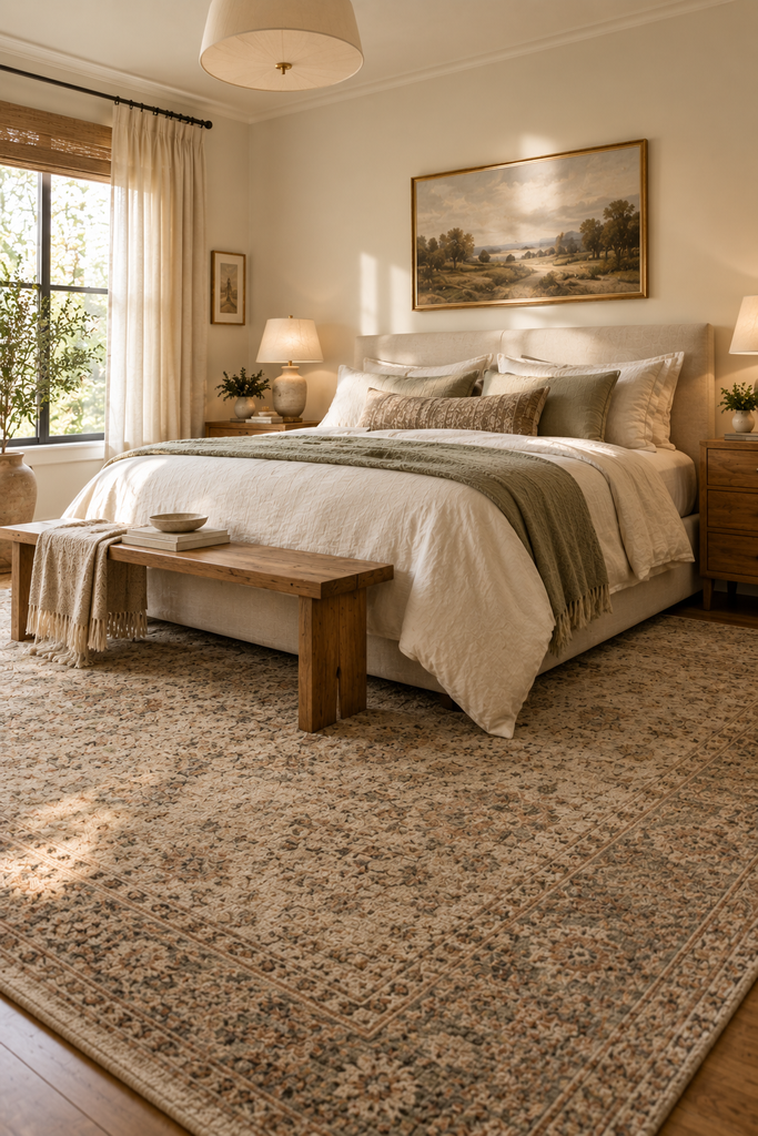 Aesthetic bedroom with a large neutral vintage-style rug layered beneath an upholstered bed and warm wood furniture.