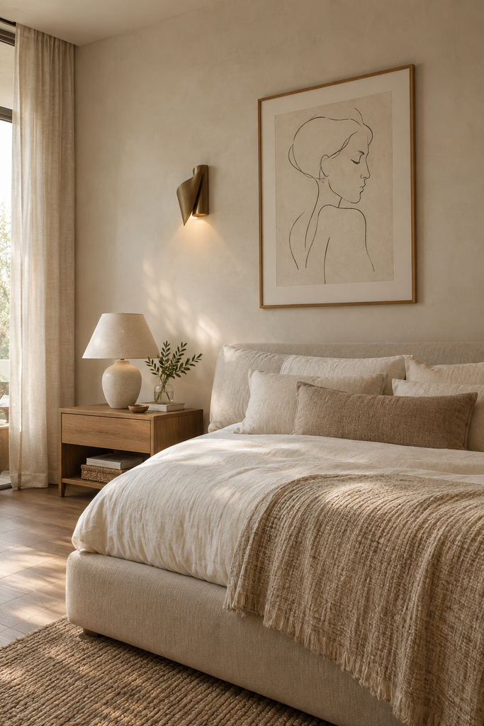 Minimal aesthetic bedroom with a large framed line drawing, sculptural wall light, clean walls, and simple neutral decor.