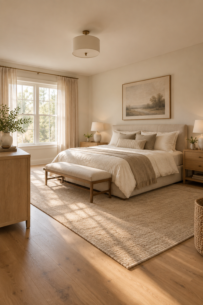 Calm clutter-free aesthetic bedroom with neutral bedding, streamlined furniture, natural wood, soft curtains, and organized decor.