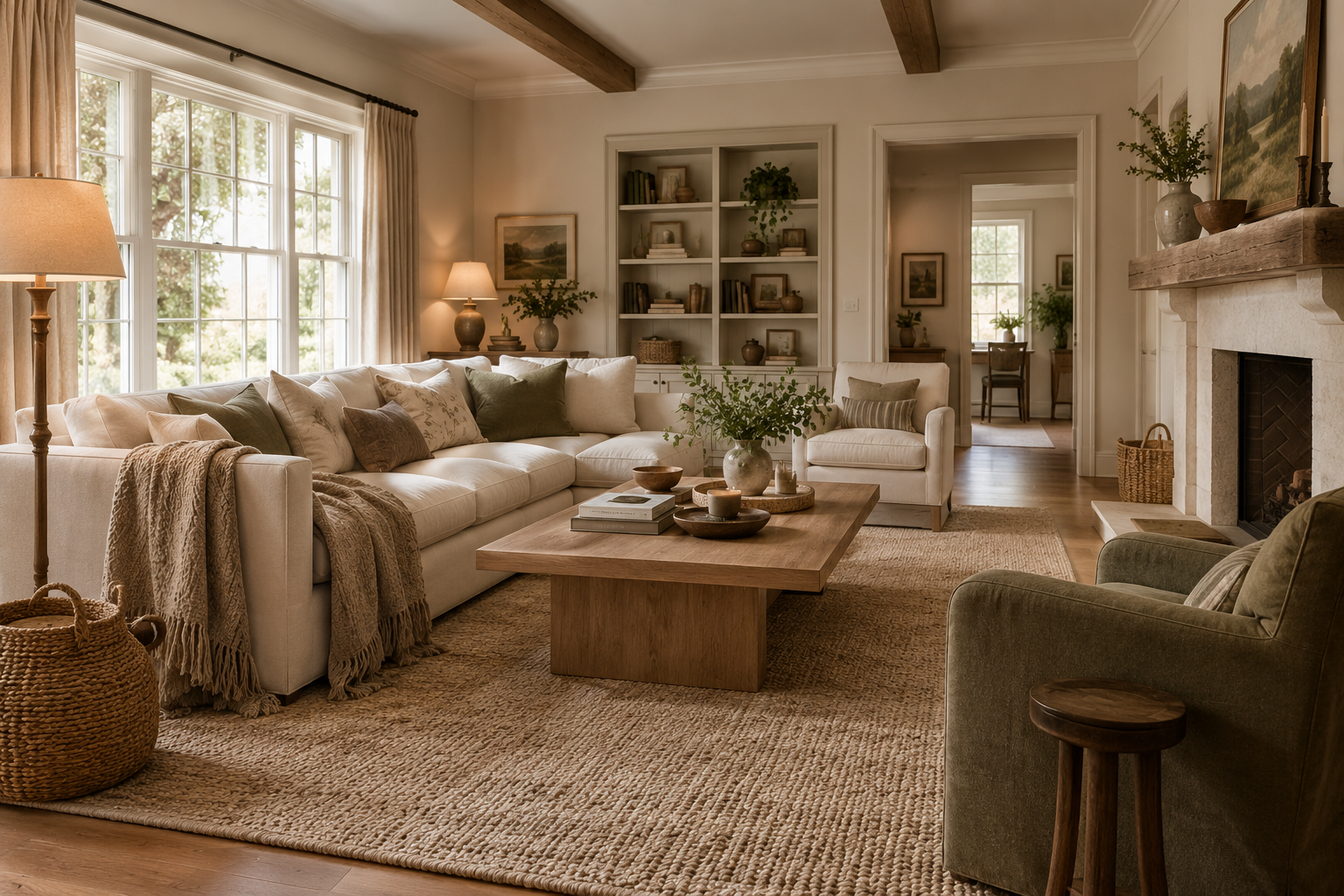 Cozy American living room with a cream sofa, layered textiles, natural wood furniture, warm lighting, greenery, and neutral decor.