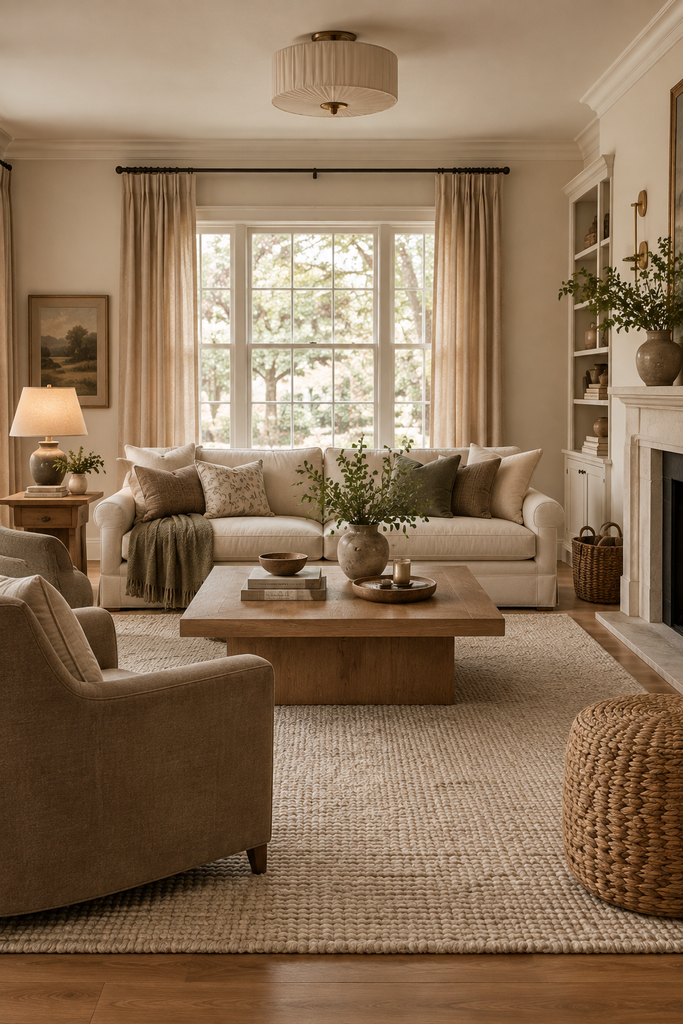 Warm neutral living room with cream upholstery, taupe accents, natural oak furniture, and a relaxed cohesive color palette.