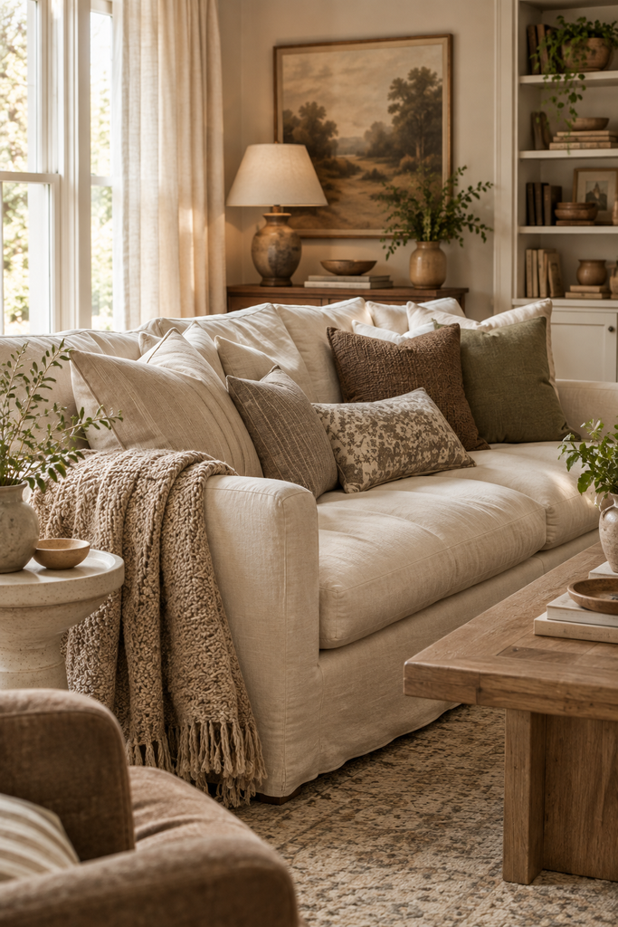 Cream sofa layered with textured pillows and a cozy throw in a warm neutral living room.
