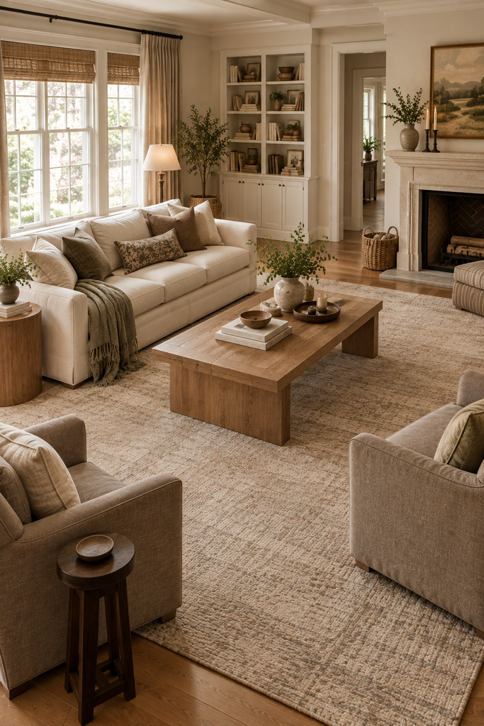 Large textured neutral area rug anchoring a cozy living room seating arrangement.