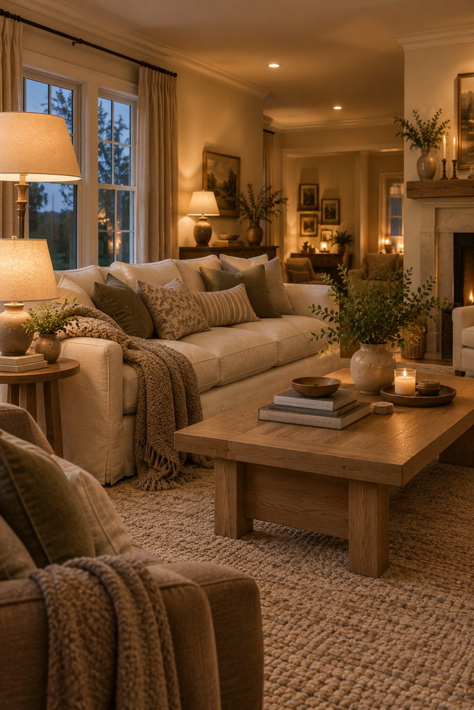 Cozy living room illuminated by layered warm lighting from floor and table lamps.