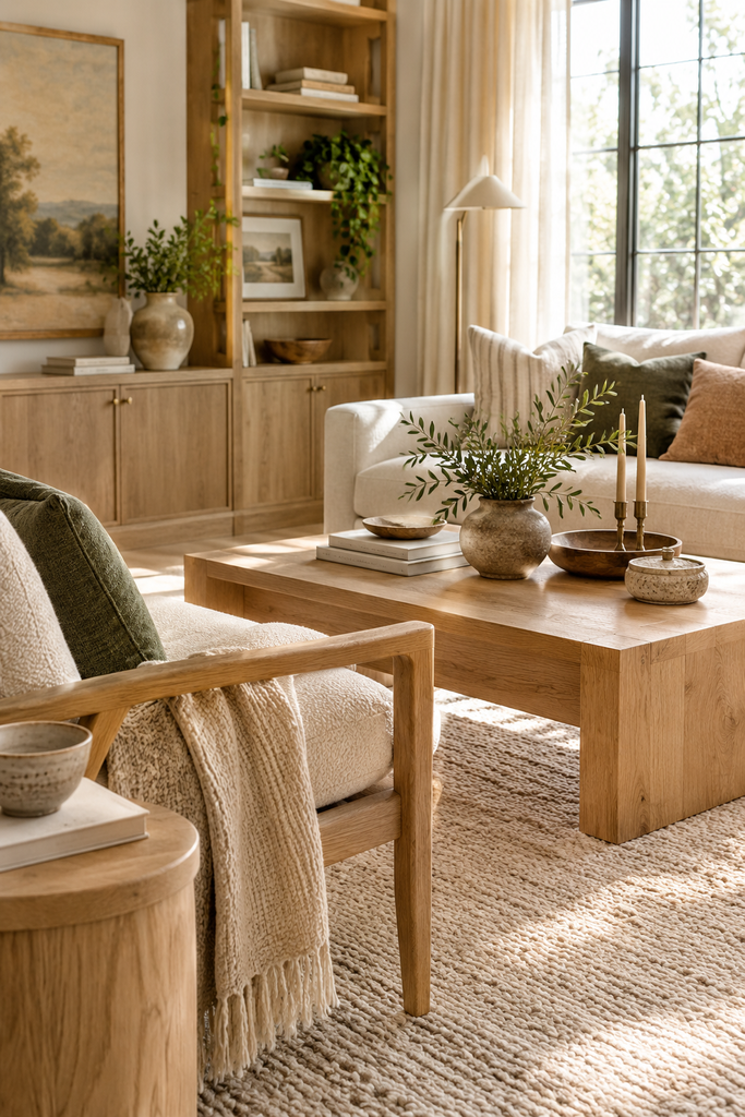 Cozy living room featuring natural oak furniture, cream upholstery, soft textiles, and warm organic details.