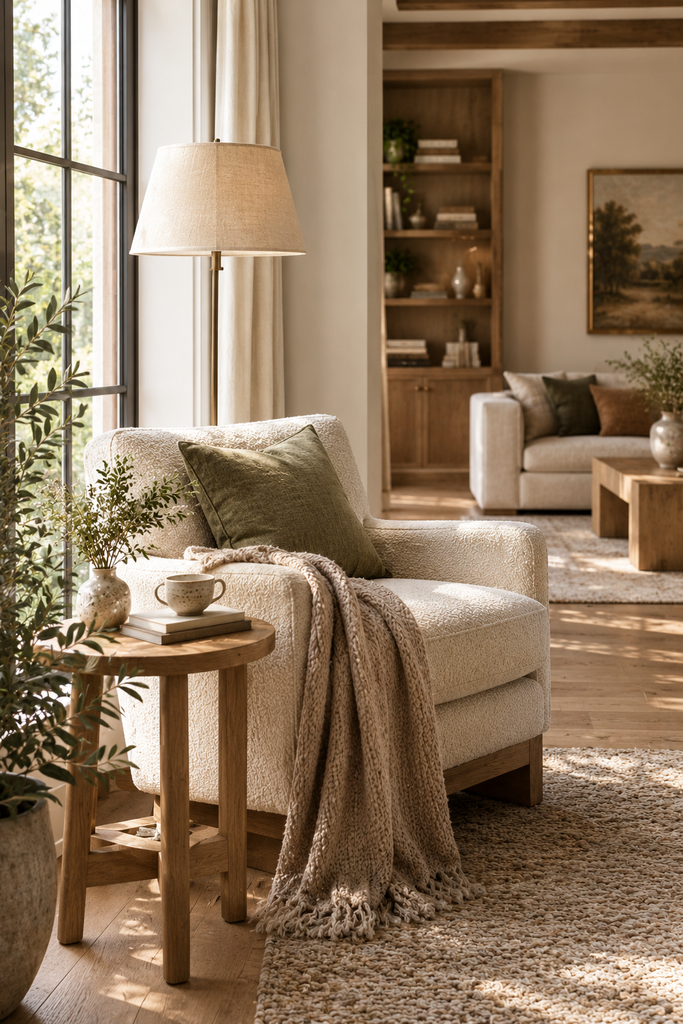 Cozy living room reading corner with an upholstered chair, books, floor lamp, plant, and soft throw.