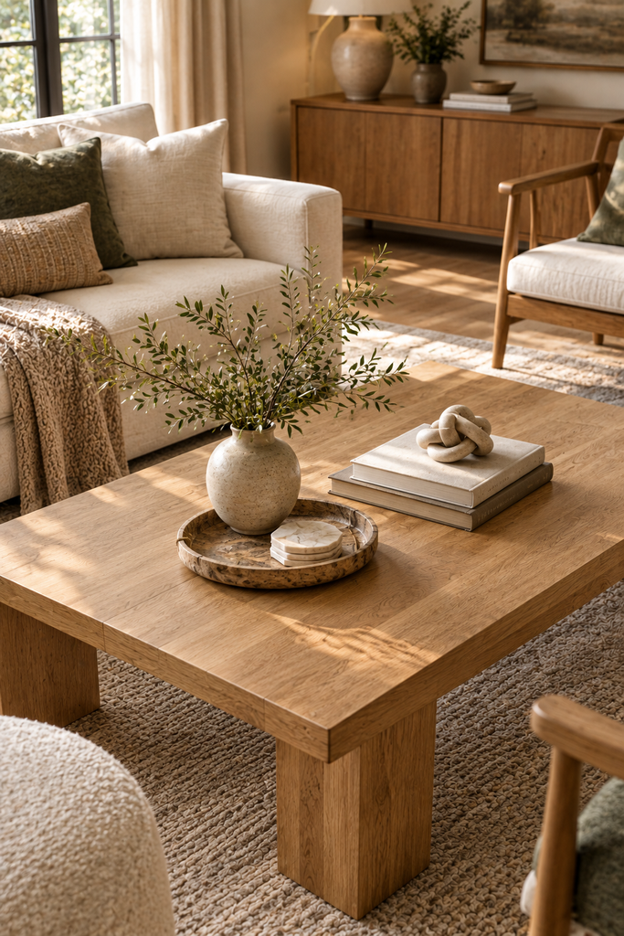 Simply styled natural wood coffee table with books, ceramic decor, a tray, and subtle greenery.