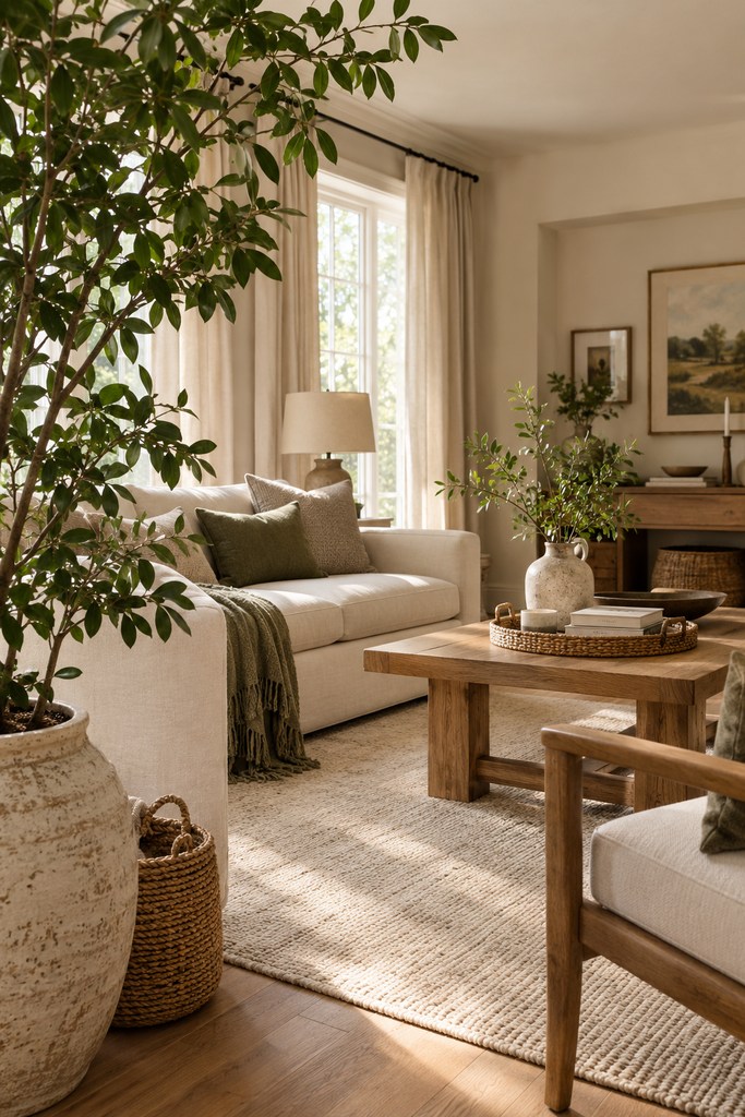 Cozy neutral living room decorated with leafy indoor plants, ceramic planters, woven baskets, and natural wood.